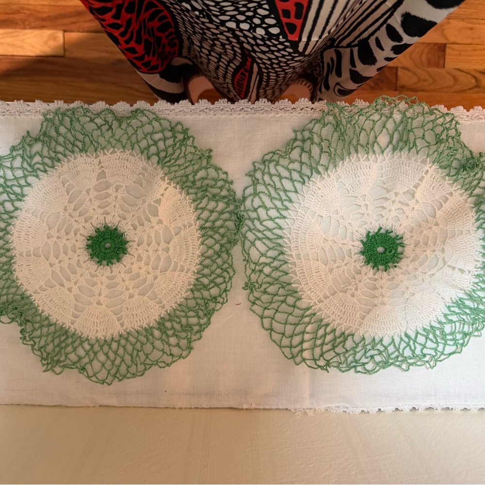 Two Green White Crochet Doilies ‎ . Hand Made.